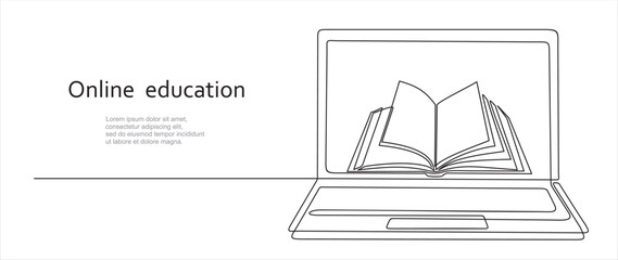 Poster - Continuous line drawing or one line drawing of a book on a computer. Vector illustration of modern education and technology. Online education concept. Illustration with quote template. 