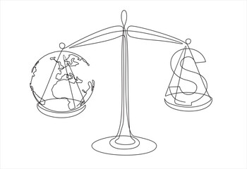 One single line drawing of Money and planet earth on bowls of scales. Dollar sign of currency and globe balance on scales. Save, defense of environment. 