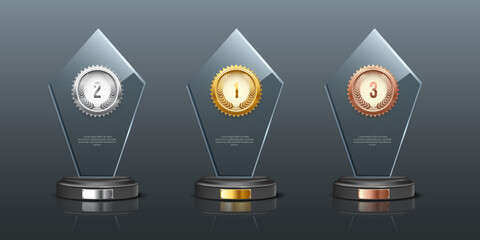 Wall Mural - Glass awards realistic vector illustration. Crystal prizes with golden, silver and bronze medals 3D isolated clipart set on gray background. Competition winner rewards. Trophy design elements