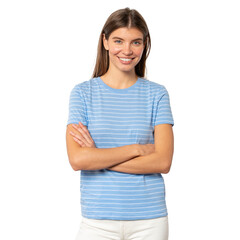 Wall Mural - Confident young woman blue striped t-shirt standing with folded hands, looking at you