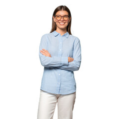 Wall Mural - Smiling pensive female CEO in business spectacles standing near table with laptop