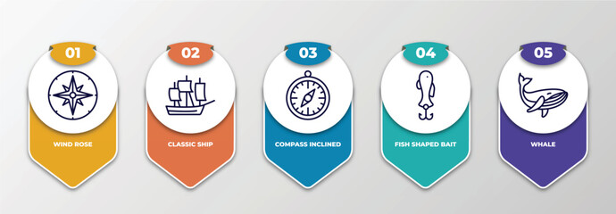 Poster - infographic template with thin line icons. infographic for nautical concept. included wind rose, classic ship, compass inclined, fish shaped bait, whale editable vector.
