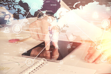 Poster - Double exposure of man's hands holding and using a phone and social network theme drawing.