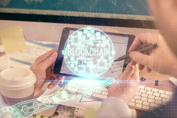 Aufkleber - Double exposure of man's hands holding and using a phone and crypto currency blockchain theme drawing.