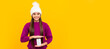 © Olena - food supplement. teen girl with natural pill products. presenting vitamin product. Horizontal poster of isolated child face, banner header, copy space.