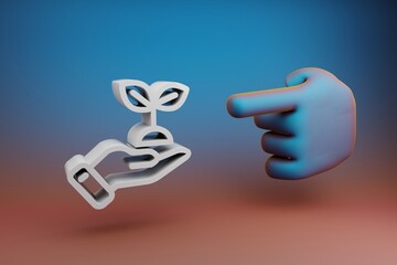 Leinwandbilder - Beautiful illustrations abstract Hand index finger points to hand leaf symbol icon on a multicolor bright background. 3d rendering illustration. Background pattern for design.