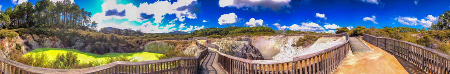 Poster - Waiotapu Thermal Track, beautiful colors under a blue sky, panoramic view