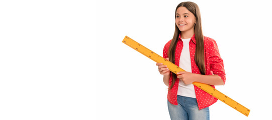 mathematics. positive teen girl hold ruler. back to school. algebra and geometry. Banner of schoolgirl student. School child pupil portrait with copy space.