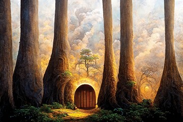 Wall Mural - Fantasy illustration of magical door in the fairy tale forest. Digital art, ai artwork, background or wallpaper