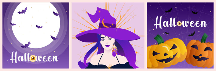 Collection of Halloween card with witches, pumpkins and full moon. Editable vector illustraton