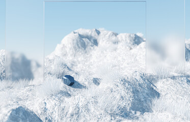 Poster - Natural beauty podium backdrop for product display with winter grass field scene.