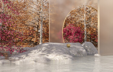 Fototapete - Natural beauty podium backdrop for product display with Autumn maple forest scene. 