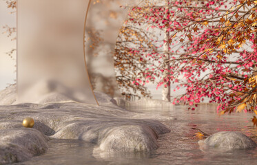 Fototapete - Natural beauty podium backdrop for product display with Autumn maple forest scene. 