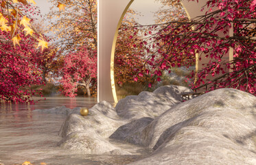 Fototapete - Natural beauty podium backdrop for product display with Autumn maple forest scene. 