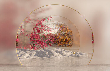 Fototapete - Natural beauty podium backdrop for product display with Autumn maple forest scene. 