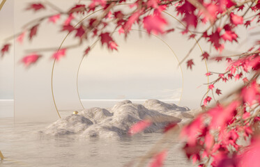 Fototapete - Natural beauty podium backdrop for product display with Autumn maple forest scene. 