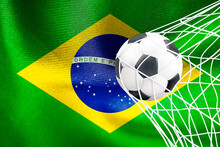 FIFA World Cup 2022, Brazil National Flag With A Soccer Ball In Net, Qatar 2022 Wallpaper, 3D Work And 3D Image. Yerevan, Armenia - 2022 September 16