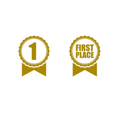 Sticker - First place win gold badge icon. First place emblem icon isolated on white background