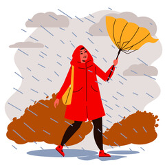 Wall Mural - vector nature illustration umbrella drawing woman sun rain water design autumn season girl people autdoor background cold storm character colorful landshcape cute rainy walk female 