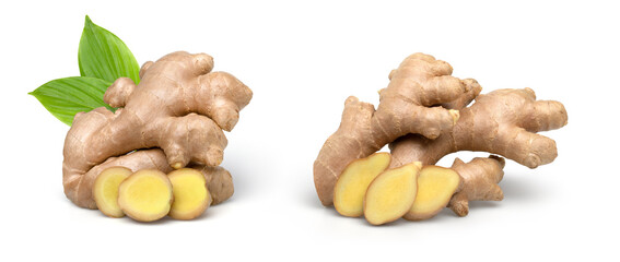 Close up, Fresh ginger rhizome with sliced and green leaves isolated on white background, ginger macro studio photo, set.