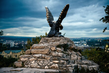 Eagle Statue At Night, Pyatigorsk, Stavropol Krai, Russia. Symbol Of Pyatigorsk Installed In 1901