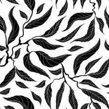 Seamless Monochrome Floral Pattern With Black Leaves And Twigs On A Square Background