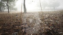A Large Wet Web With Droplets Hangs Between The Trees In The Forest
