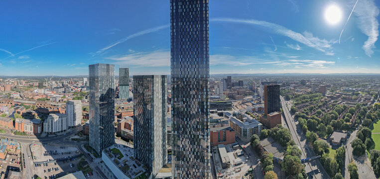 Manchester City Centre Drone Aerial View Above Building Work Skyline Construction Blue Sky Summer Beetham Tower Deansgate Square Glass Towers Panoramic