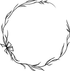  vector drawing, curly wreath of flowers and branches with leaves on a pink background