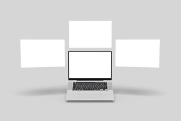 Fototapete - Laptop computer mockup with blank wireframing pages. Concept for showcasing web-design projects on light grey background