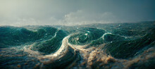 Spectacular Abstract Scene Of An Ocean Tidal Wave With A Horizontal And Clear Sky In The Background. Digital Art 3D Illustration.