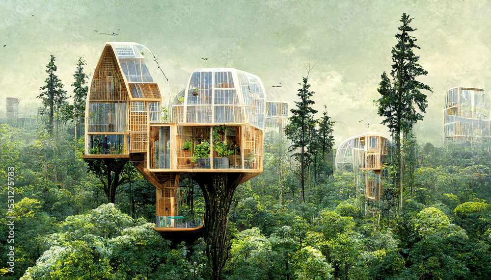 Spectacular image of a sustainable tree house surrounded by greenery in ...