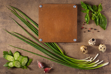 Canvas Print - Green onion chives and egg at table background. Cooking concept and salad ingredients