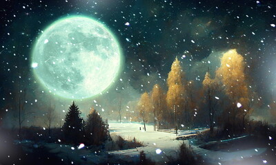 Wall Mural - big moon on night starry sky winter forest snowy weather christmas nature landscape art abstract oil