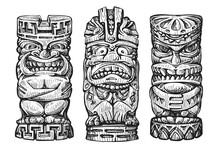 Hawaii Wooden Tiki Masks Sketch. Traditional Ethnic Idol Of Hawaiian Or Maori. Polynesian Old Tribal Totem Vector
