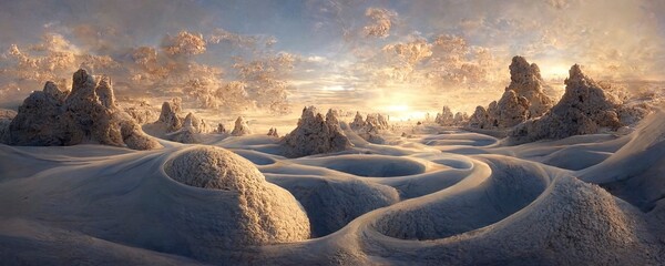 High resolution panorama of a Sci-Fi Snow planet backdrop. 3d render. 3:1 ratio. Unreal Engine. Perfect as a background or for use in an art projects.