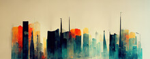 Spectacular Watercolor Painting Of An Abstract Urban, Cityscape, Skyscraper Scene In Orange And Teal, Grayish Smog. Double Exposure Building. Digital Art 3D Illustration.