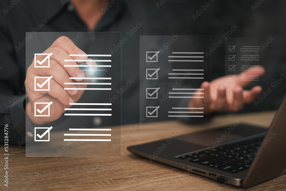 Screen Paper Checking Electronic smart checklist document on virtual screens concept ...