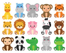Cute Wild Animals Set Including Lion, Tiger, Pig, Bear, Lioness, Panda, Monkey, Zebra, And Giraffe. Safari Jungle Animals Vector. Woodland Animal Illustration	
