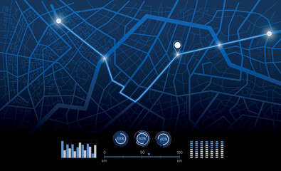 Aufkleber - GPS map. City street road. Run navigate app. UI track icon. Town roadmap. 3D data dashboard. Urban highway plan. Pin location signs and infographics. Glowing background. Vector concept