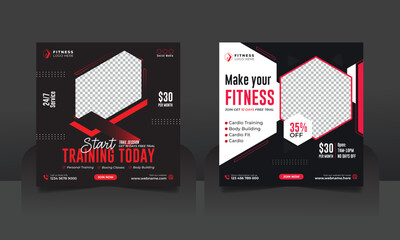 Gym fitness social media post square banner template or start training today fitness banner, red and black social banner post.