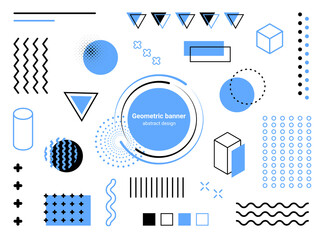 Poster - Circle halftone banner. Geometric shapes, abstract design elements. Modern memphis texture blue and black colors, line and dot pattern, flat line graphic. Round frame. Vector minimal background