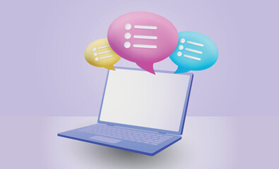 Aufkleber - 3d laptop icons, speech bubble in notebook. Discussion screen render illustration, balloon for speech, online talk and chatting. Dialogue communication, comment in social media vector concept