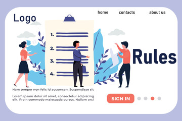 Poster - Online meeting landing page. Website design. People discuss rules list. Business standards. Workers communication. Group debate. Law regulation. People conversation. Vector web banner