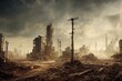An illustration of a post apocalyptic desolate city in ruins.
