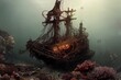 An illustration of a sunken pirate ship, treasure, ruined vessel.