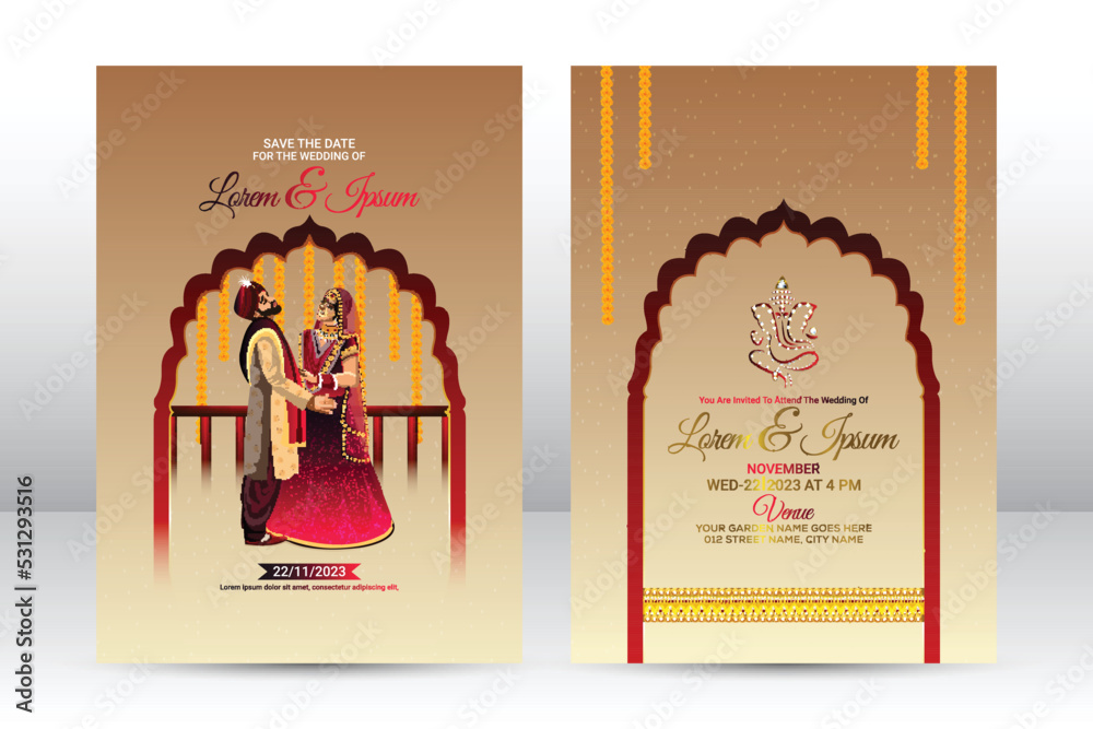 Indian wedding invitation card, with vector illustration of indian ...
