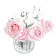 Four Pink Roses in glass jar with white flower. Transparency digital art illustration for graphic design decoration or template