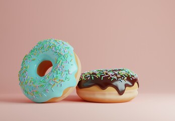 Close-up of two donuts on a pastel pink background. 3D delicious illustration.