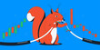 Vector outline illustration of squirrel chewing on electrical wires. Blue background.